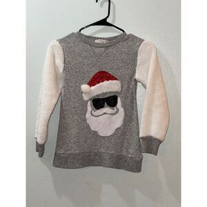 POOF Girl Christmas Santa Face Fuzzy Sleeve Sweater Kids Size Medium NWOT